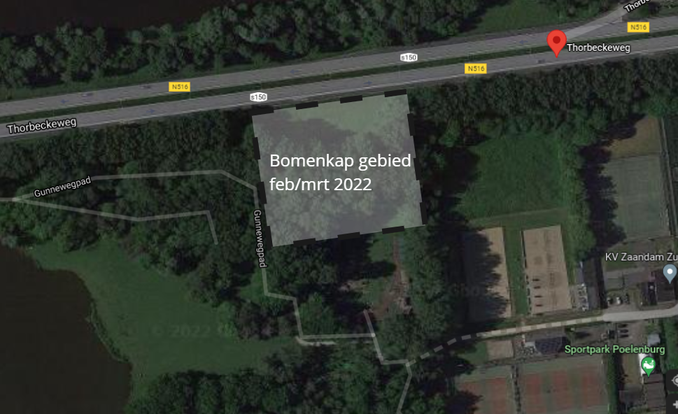 Op de afbeelding staat de plek van het toekomstige nieuwe Shell station aangegeven, waar 129 bomen weggehaald 