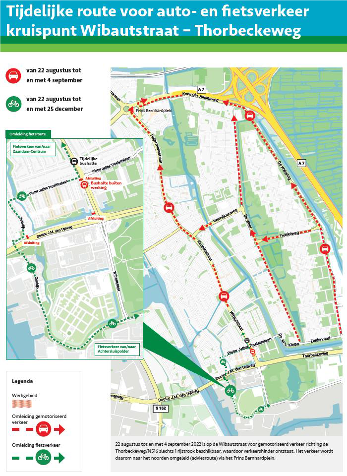 Kaartje met tijdelijke route voor auto- en fietsverkeer kruispunt Wibautstraat - Thorbeckeweg
