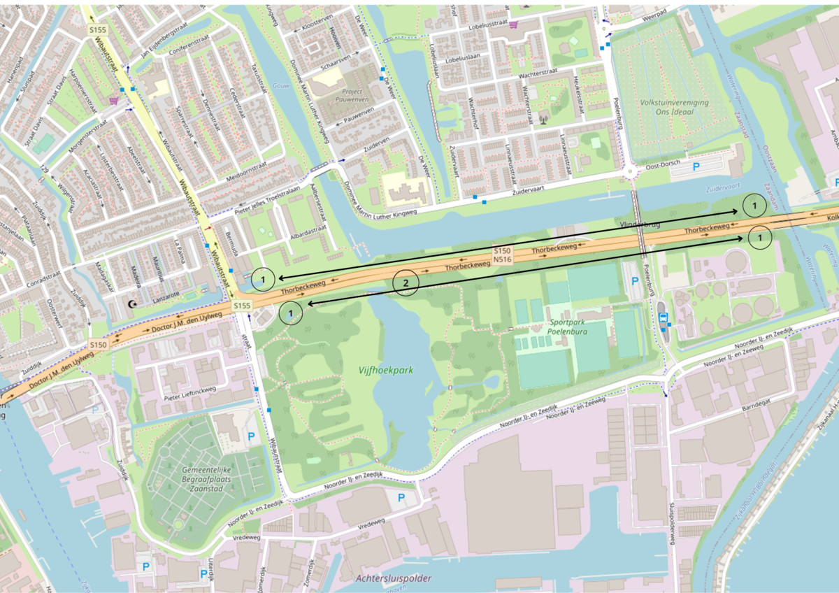 Overzichtskaart met daarop aangegeven waar de voorbereidende werkzaamheden voor de aanpak verkeersdruk Thorbeckeweg plaatsvinden.