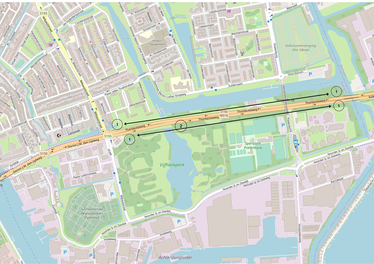 Overzichtkaart met daarop de werkzaamheden in 2023 aangegeven voor aanpak verkeersdruk Thorbecekeweg.