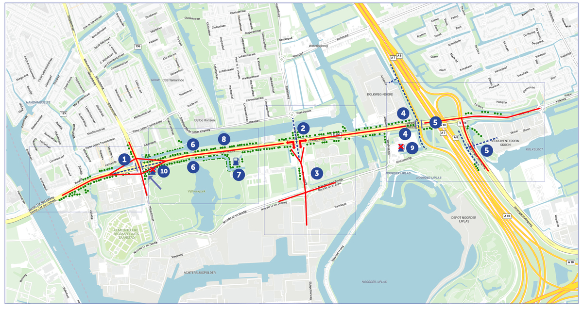Plattegrond met daarop de 10 maatregelen die genomen worden om de verkeersdruk op de Thorbeckeweg aan te pakken. 